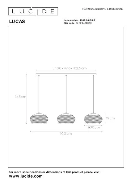 Lucide LUCAS - Hanglamp - 3xE27 - Mat Goud / Messing - technisch